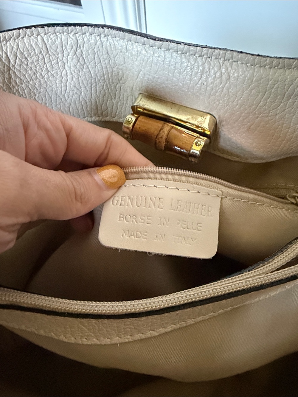 Cream Leather Tote with Bamboo Top Handles - Picture 5 of 8